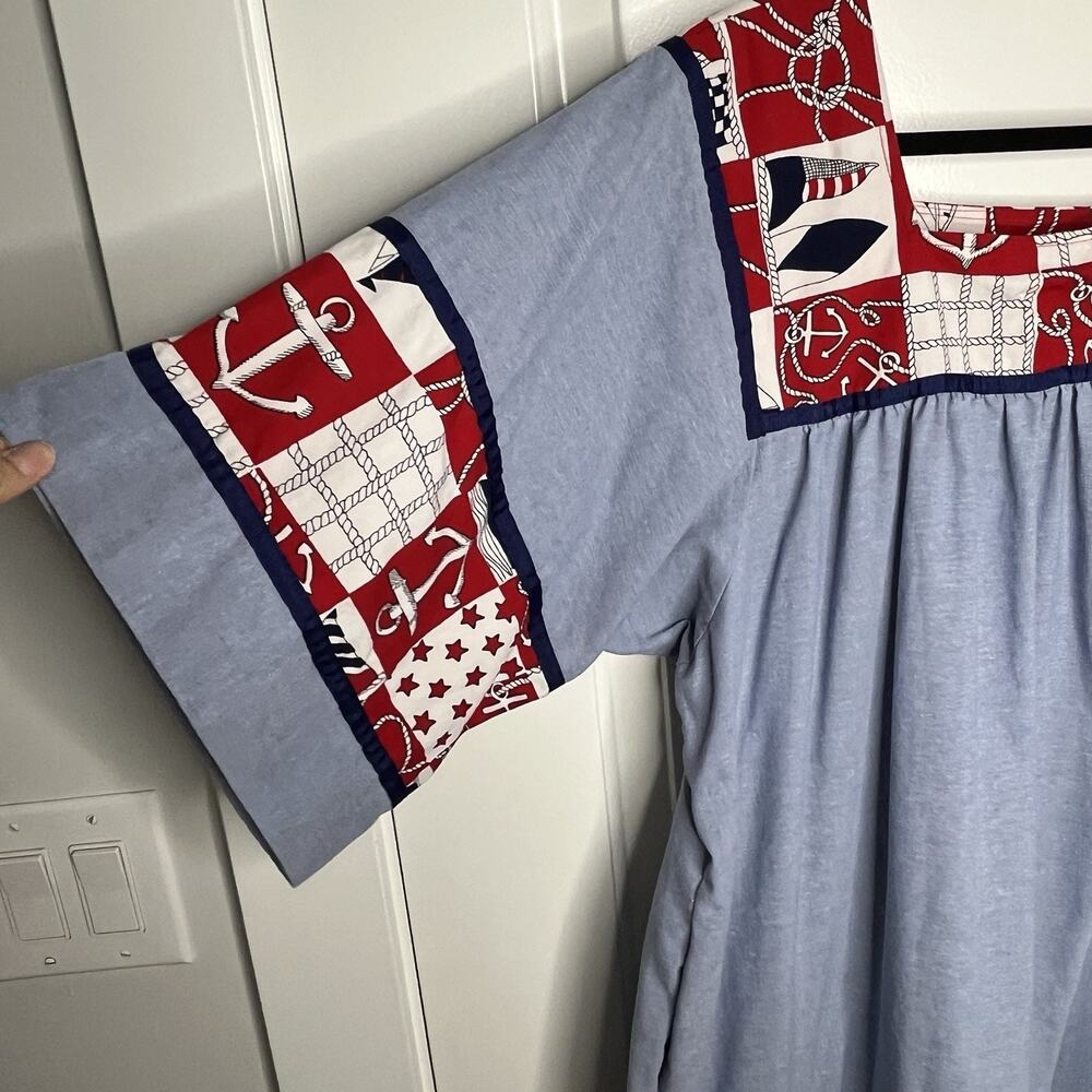 Vtg 70s Krist Gudnason Dress XL Nautical Anchor Patriotic US Flag Muumuu Kaftan - Picture 8 of 9